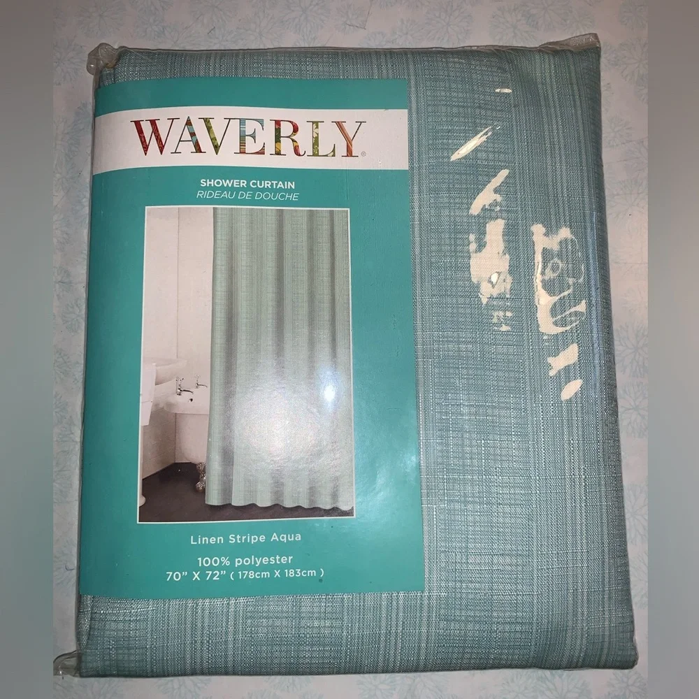 Waverly Linen Stripe Aqua Blue Green Shower Curtain